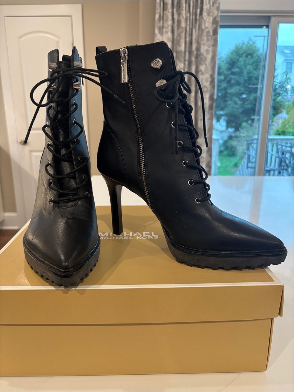 Michael Kors Black Lace-Up Stiletto Ankle Boots with Side Zip